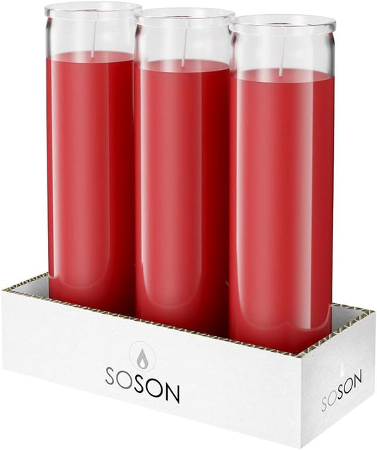 2X8 Inch 7 Day Red Pillar Candles in Glass, Set of 3, 90 Hour Burn Time, Unscented Prayer Candles, Religious Candle, Candles for Memorials, Emergency Vigil Candle